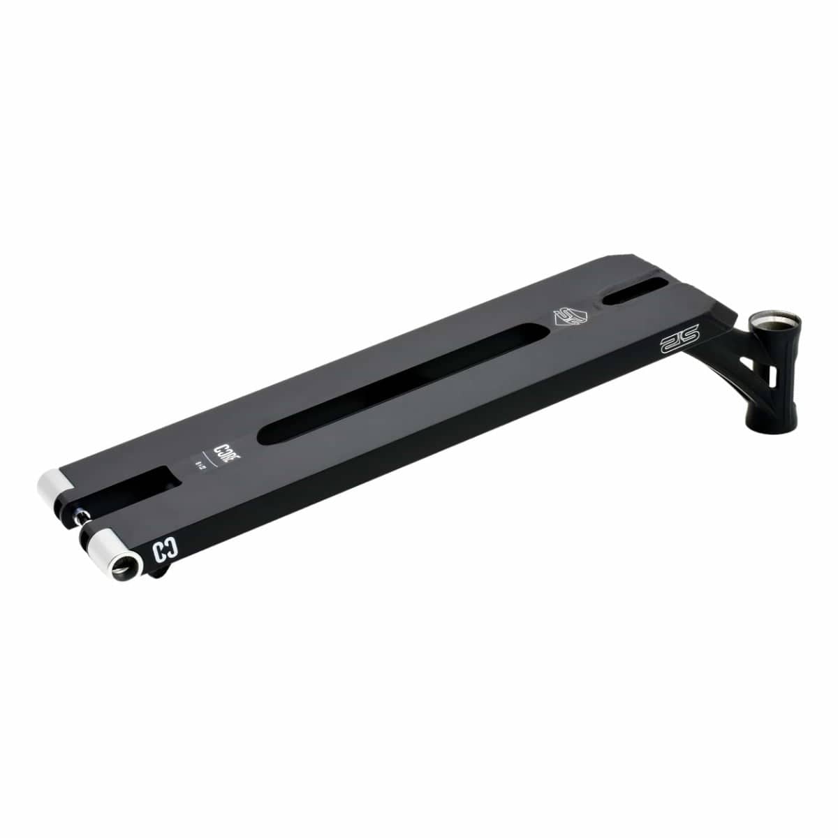 The CORE ST2 Forged Black Street Stunt Scooter Deck - 22" by CORE showcases a sleek black design with silver accents, featuring a long rectangular shape and a center cutout. It includes a forged headtube and circular rear wheel bracket, making it perfect for street riding and freestyle scootering.