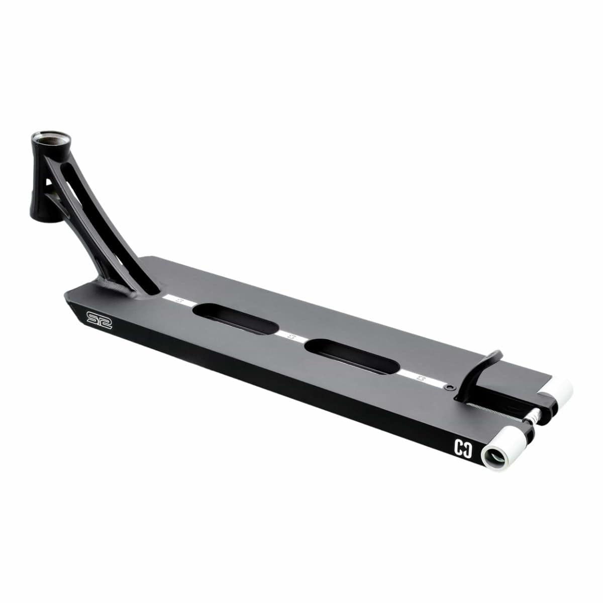 Introducing the CORE ST2 Forged Black Street Stunt Scooter Deck - 22", designed by CORE for ultimate street riding performance. This deck boasts a streamlined, sleek black appearance complemented by a forged headtube and top cutouts for weight reduction. It is equipped with two small white rear wheels and showcases a minimalist logo elegantly positioned on the side.