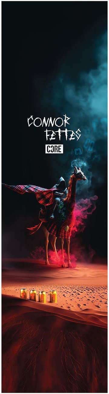 A cloaked figure rides a camel across a smoky desert at night. Four cans and the CORE Signature Stunt Scooter Griptape - Connor Fettes lie on the sand. “Connor Battles Core” is displayed at the top.