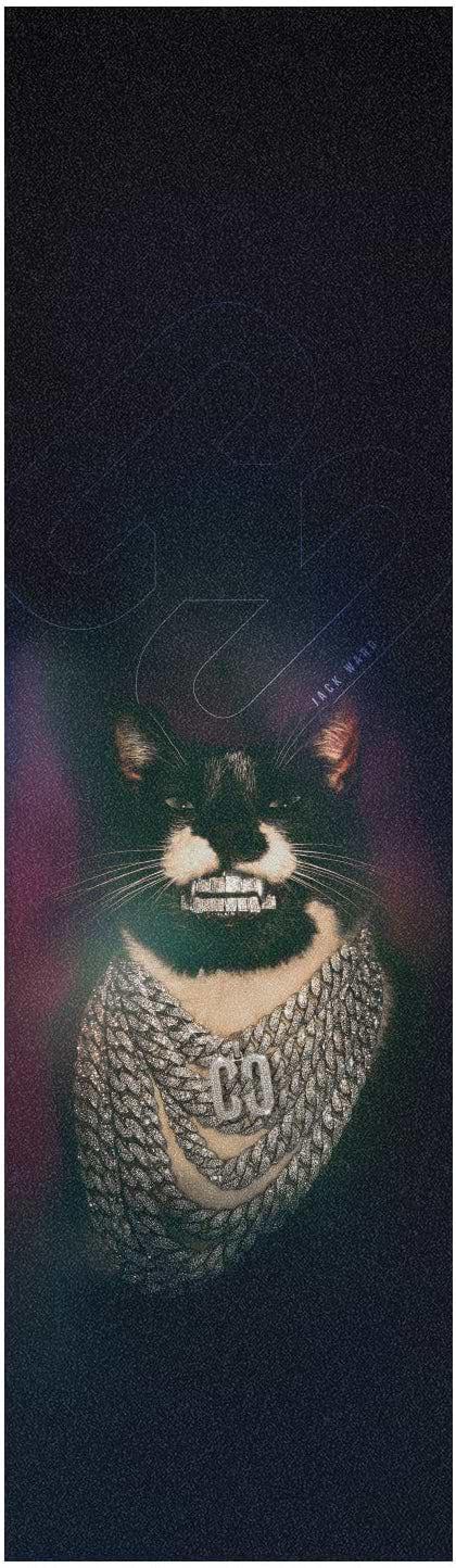 A cat sporting a diamond chain necklace with a "GQ" pendant and grill poses in neon-lit smoke, channeling the bold style of CORE's Signature Stunt Scooter Griptape - 'Halfbarz' Jack Ward V2.