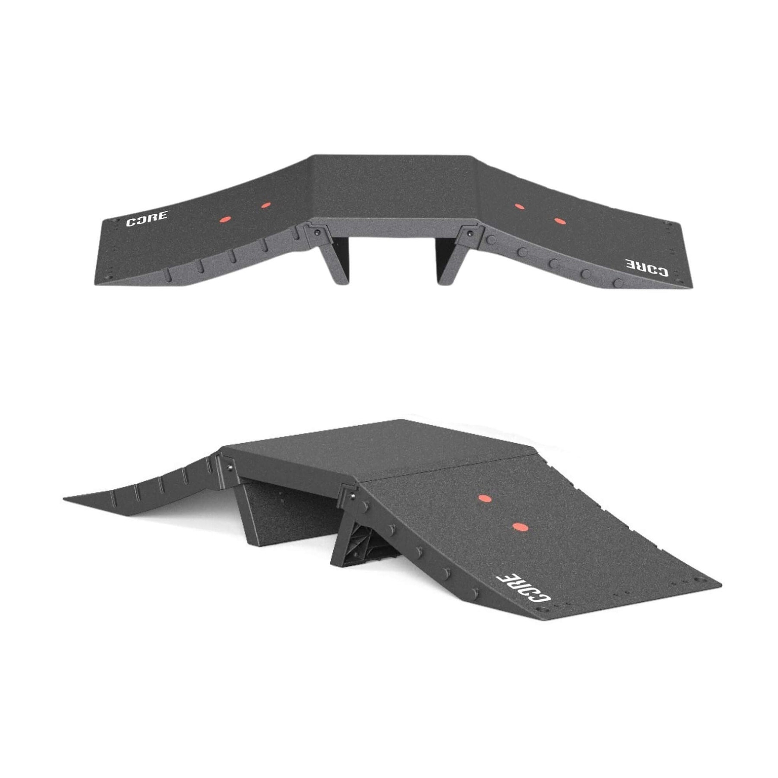 Two views of the CORE Mini Funbox Ramp Set - 2 Kickers & Flat Deck by CORE are shown: the black ramp set with "CORE" and two red dots, featuring a raised center and sloped sides. One image is top-down, the other from a lower angle.
