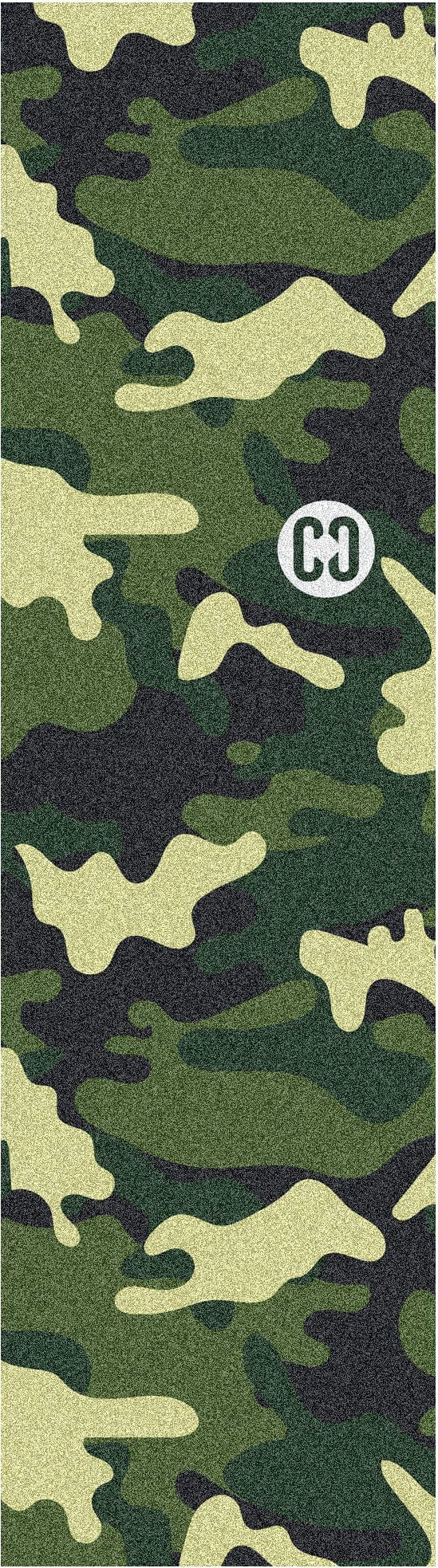The CORE Classic Skateboard Griptape - Camo features a green, black, and tan camo pattern with an oval white "C9" patch—ideal for those wanting standout custom griptape by CORE.