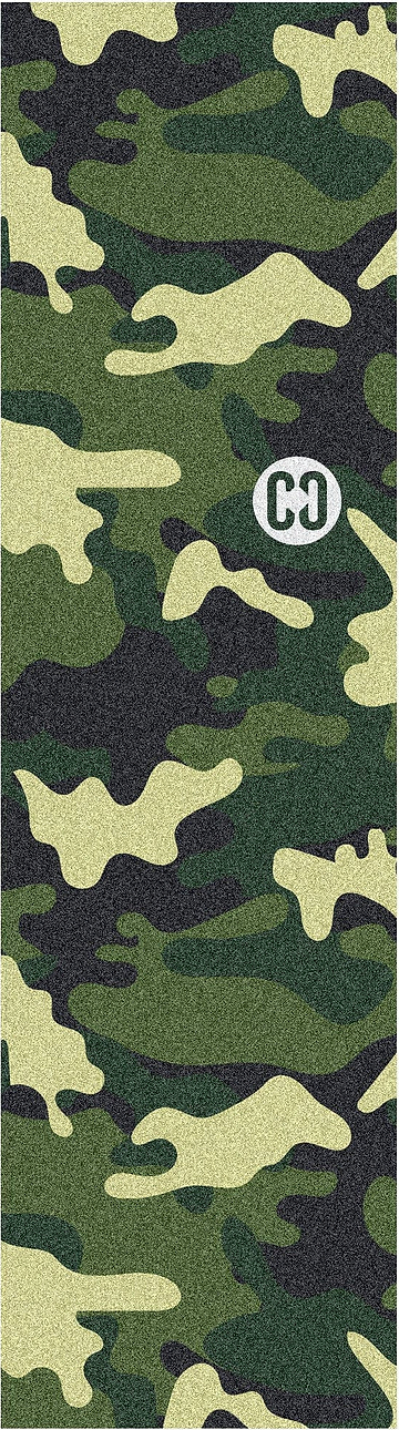 The CORE Classic Skateboard Griptape - Camo features a green, black, and tan camo pattern with an oval white "C9" patch—ideal for those wanting standout custom griptape by CORE.