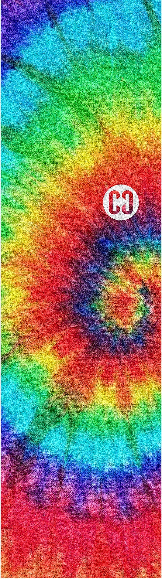 The CORE Classic Skateboard Griptape - Tie Dye features vibrant blue, green, yellow, orange, and red swirls with a white "CJ" oval—perfect for customizing your board or enhancing your CORE griptape collection.