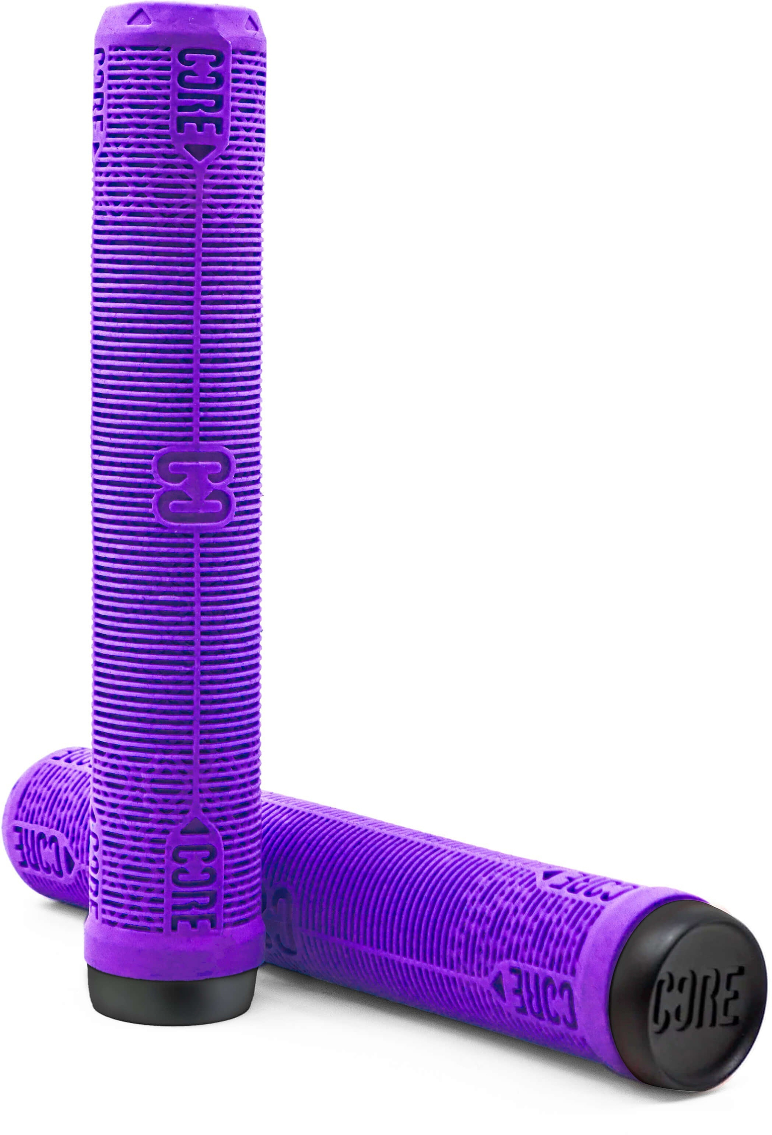 Two vibrant purple CORE Skinny Boy Stunt Scooter Grips (170mm) with black end caps are displayed, one upright and one lying horizontally in front. Featuring the recognizable CORE branding, these grips deliver a comfortable hold inspired by the popular skinny boy design—making them an ideal choice for riders seeking a stylish and reliable upgrade.