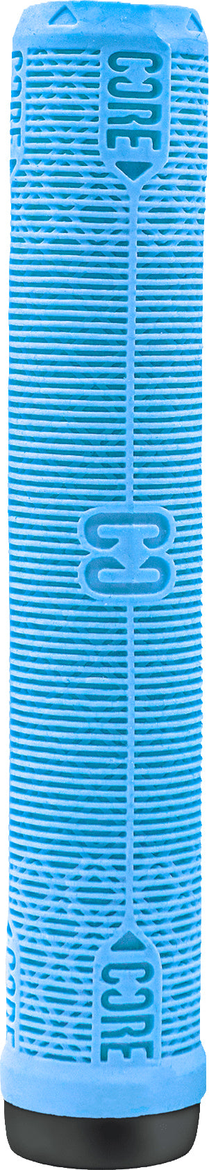 CORE Skinny Boy Sky Blue Stunt Scooter Grips—170mm textured blue handlebar grips featuring raised horizontal lines and the number “33” embossed on each grip, displayed upright with a black end cap. Ideal for riders seeking the dependable feel and slim profile of the CORE Skinny Boy grip from CORE.