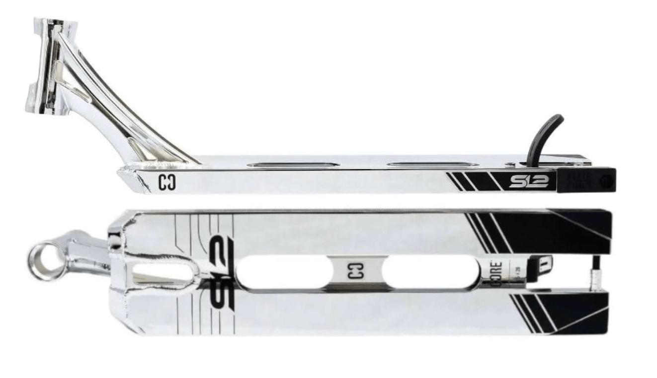 Two CORE SL2 Forged Chrome Stunt Scooter Decks measuring 5" x 20", featuring black accents and logos from the brand CORE. The top deck is displayed from an angled side perspective, emphasizing its sleek design and forged headtube, while the bottom deck is shown from above to highlight its cutout details and rear loop.