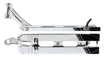 Two CORE SL2 Forged Chrome Stunt Scooter Decks measuring 5" x 20", featuring black accents and logos from the brand CORE. The top deck is displayed from an angled side perspective, emphasizing its sleek design and forged headtube, while the bottom deck is shown from above to highlight its cutout details and rear loop.
