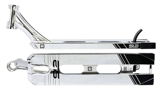Two CORE SL2 Forged Chrome Stunt Scooter Decks measuring 5" x 20", featuring black accents and logos from the brand CORE. The top deck is displayed from an angled side perspective, emphasizing its sleek design and forged headtube, while the bottom deck is shown from above to highlight its cutout details and rear loop.