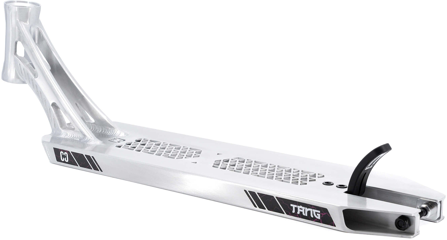 The CORE SL3 Forged Brandon Tang Signature Stunt Scooter Deck (5.25″ x 19.3″) features a sleek silver metal design with geometric cutouts, a black rear-wheel fender, and bold black and white CORE logo details along the sides—crafted for high-performance park riding and inspired by Brandon Tang’s signature style.