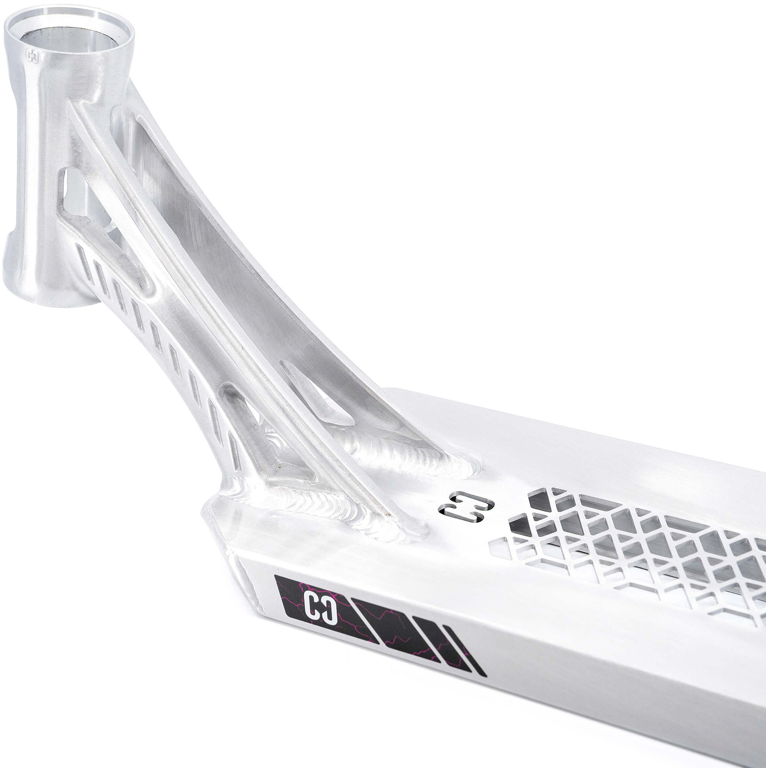 Close-up of a silver metal CORE SL3 Forged Brandon Tang Signature Stunt Scooter Deck, measuring 5.25″ x 19.3″, with geometric cutout patterns and the “C3” logo on the side, designed by rider Brandon Tang.