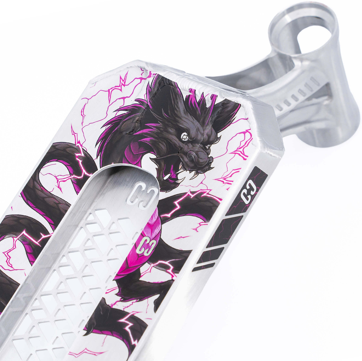 Close-up of the CORE SL3 Forged Brandon Tang Signature Stunt Scooter Deck (5.25″ x 19.3″) by CORE—a park scooter deck featuring Brandon Tang’s signature design: a striking black dragon with purple accents and lightning stretching across the silver surface. The deck is crafted with a textured grip area and metallic, angular edges that offer both distinctive style and optimal performance.