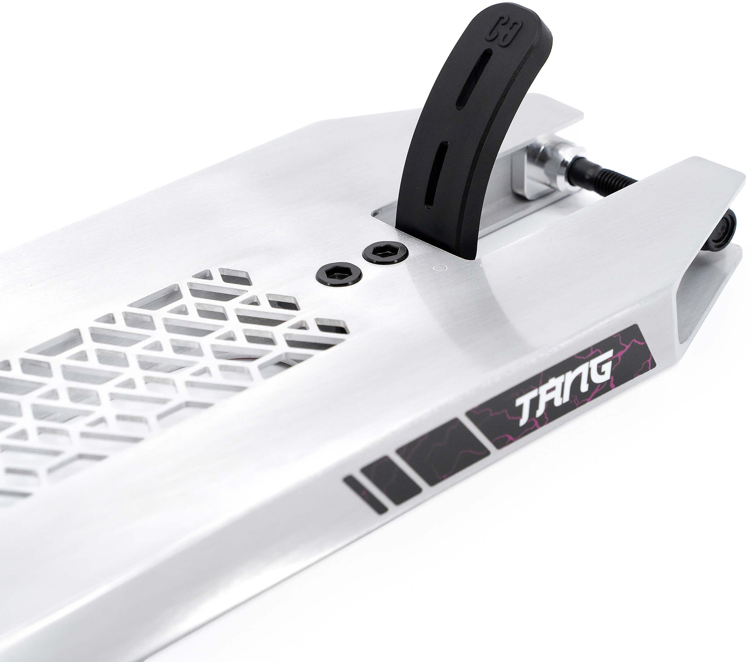 Close-up of the CORE SL3 Forged Brandon Tang Signature Stunt Scooter Deck (5.25″ x 19.3″) in silver, featuring a black brake, geometric grip tape, and a “TANG” sticker on the side. This park-ready deck by CORE is noted for its textured finish and strategically placed brake, showcasing design elements from Brandon Tang’s signature series.