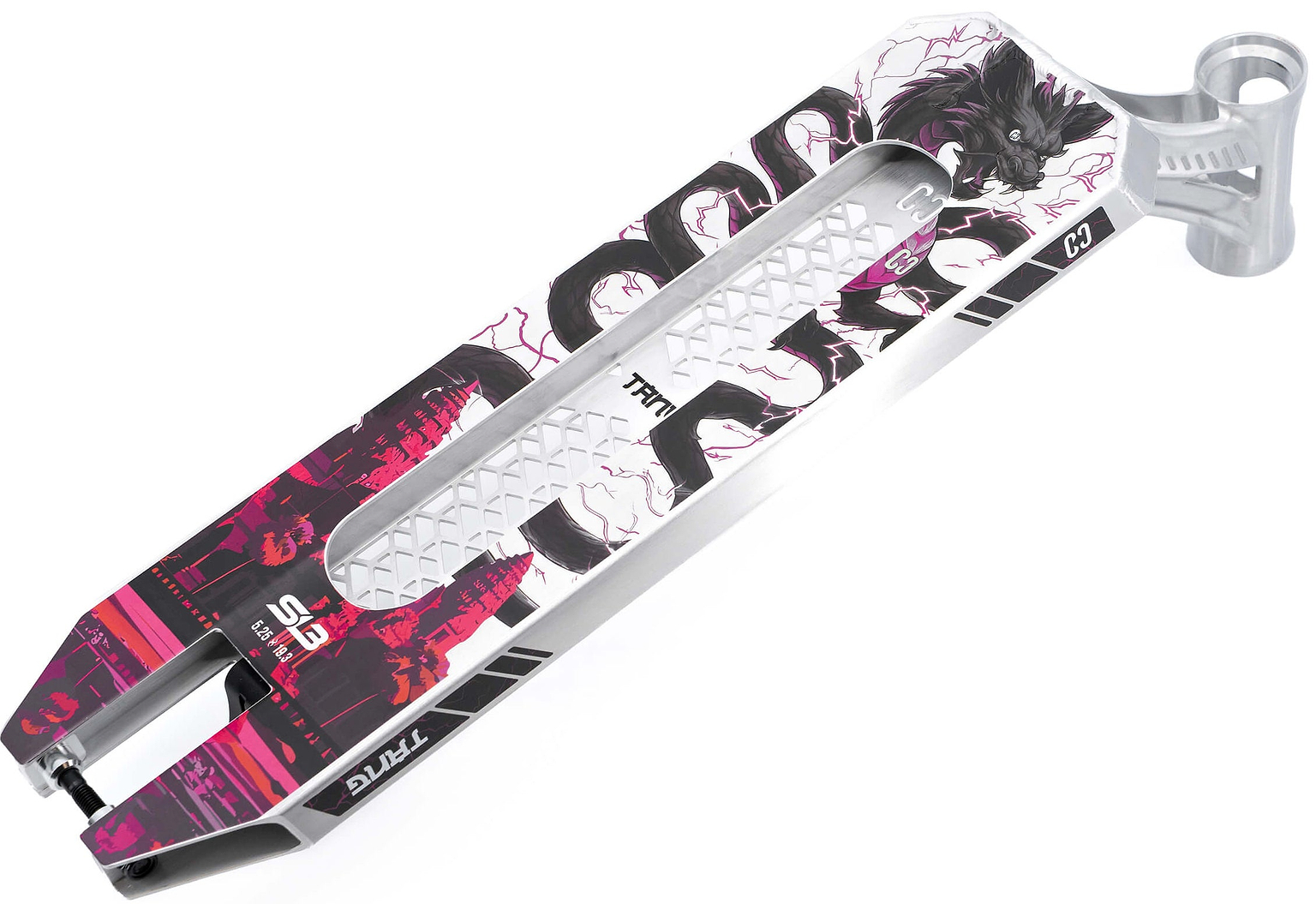 Introducing the CORE SL3 Forged Brandon Tang Signature Stunt Scooter Deck by CORE, measuring 5.25″ x 19.3″. This silver park scooter deck features a striking graphic design with a black wolf, cityscape elements, and bold pink accents. The deck includes a textured grip area and is printed with the words “Tritic,” “ES,” “C7,” and “Tritic.” Specially designed for riders who demand top performance and style, this is the official Brandon Tang signature edition from CORE.