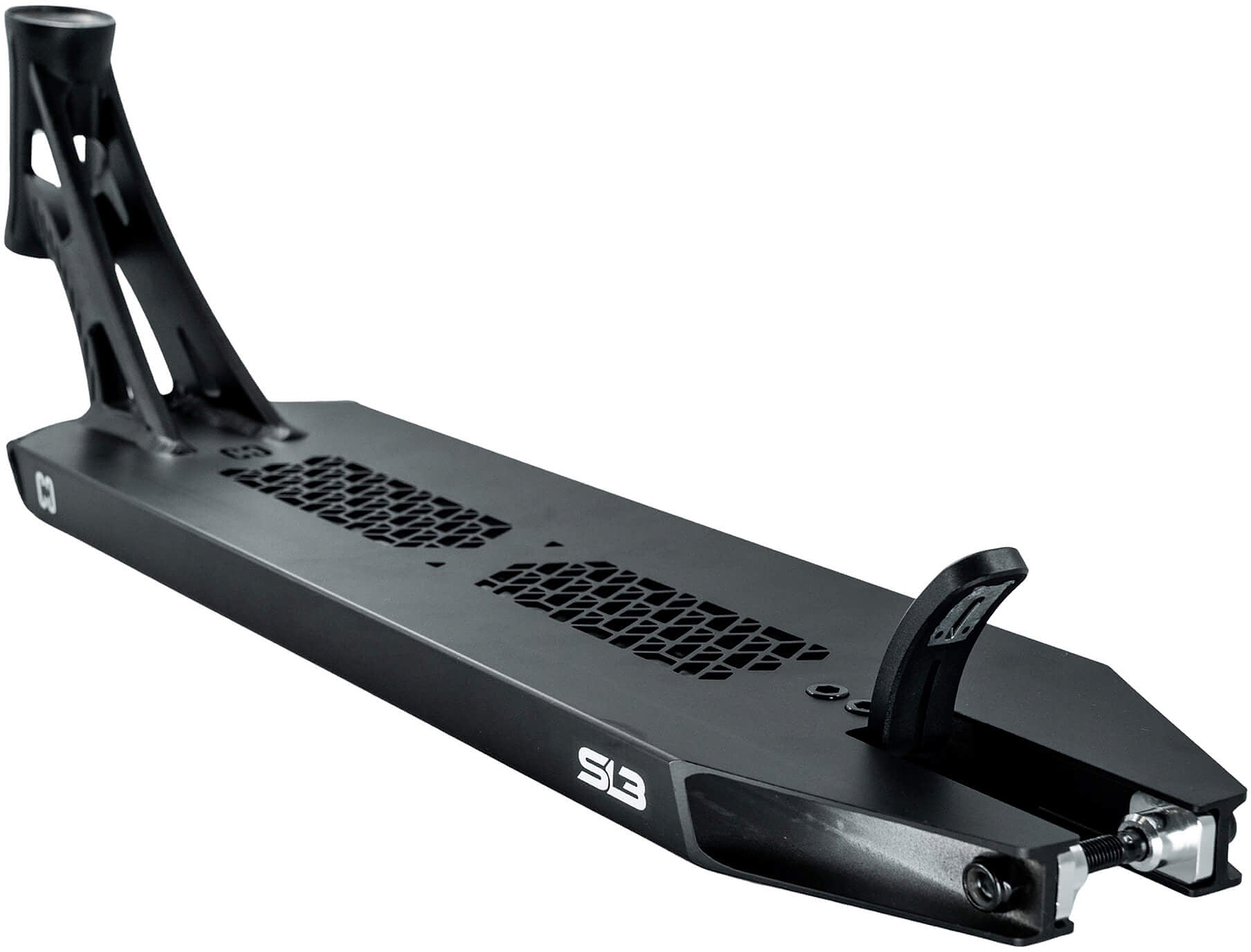 CORE SL3 Forged Black Stunt Scooter Deck - 6″ x 21″ by CORE, showcasing hexagonal grip cutouts, an angled rear brake, and “SL3” branding on the side. The forged black deck is captured from a low side angle to emphasize its geometric design and part of the neck mount—an ideal choice for any park scooter deck setup.