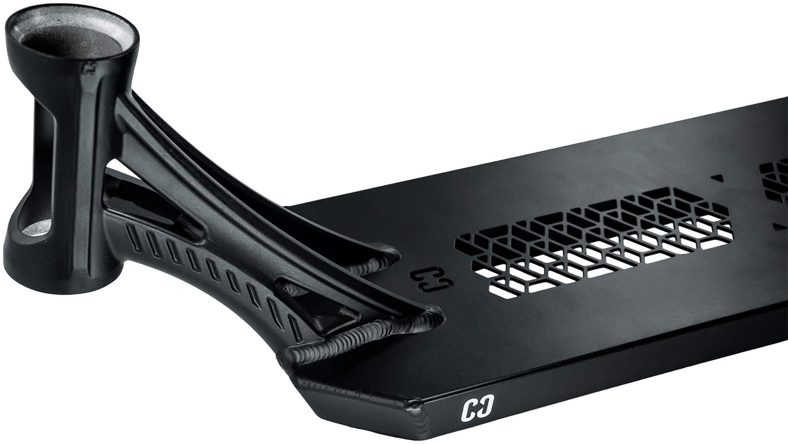Close-up of the CORE SL3 Forged Black Stunt Scooter Deck (6″ x 21″) by CORE, featuring cut-out hexagonal patterns and a robust forged neck for attaching handlebars—ideal as a park scooter deck.