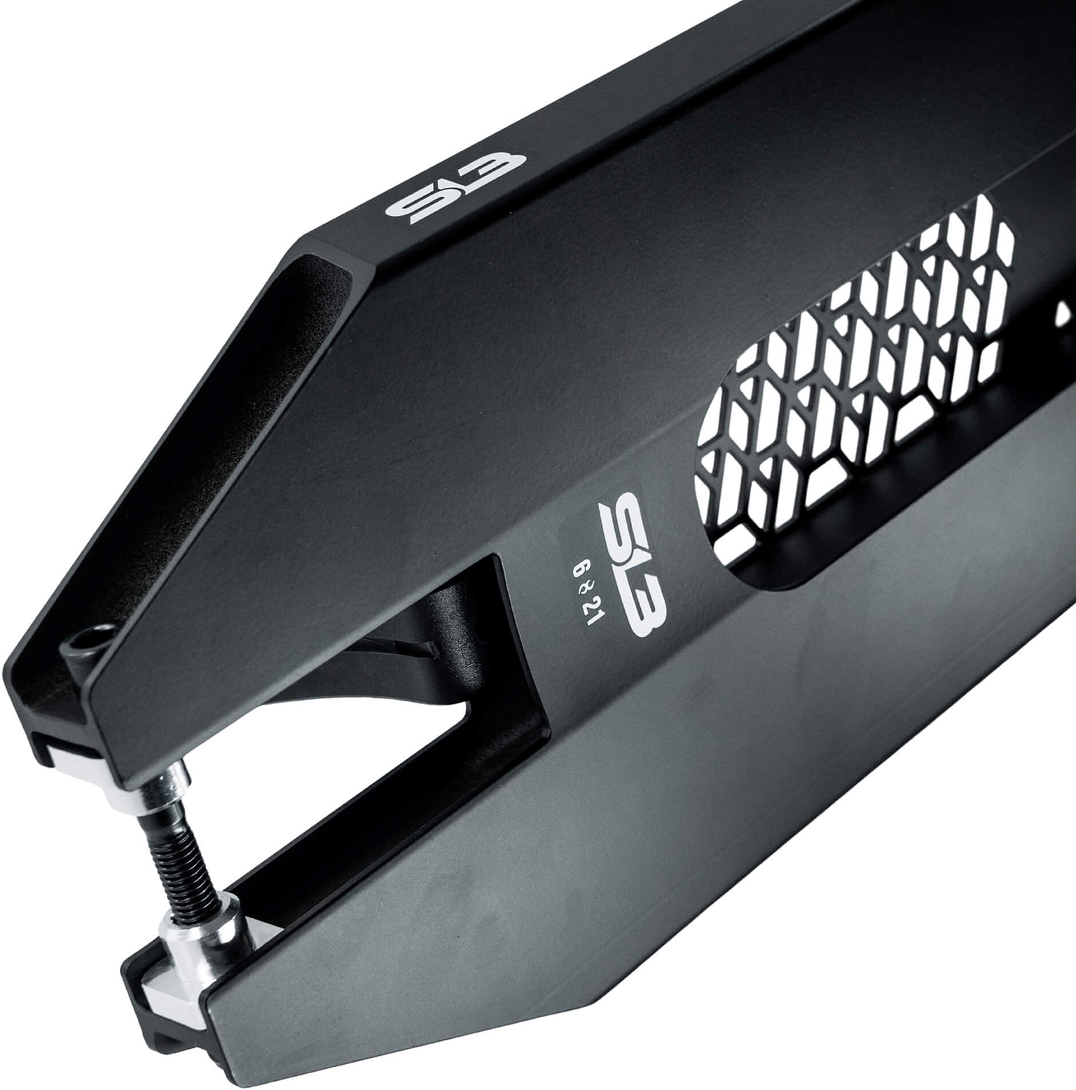 Close-up of the CORE SL3 Forged Black Stunt Scooter Deck (6″ x 21″) featuring a striking honeycomb cutout design and a visible clamp screw at one end. The white “S8” logo is printed on the surface, emphasizing this premium park scooter deck from CORE.