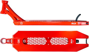 Here’s a rewritten version using the given product data: Two views of the CORE SL3 Forged Candy Red Stunt Scooter Deck – 6” x 21”: The bottom view highlights the bold “CORE” branding and a geometric cutout design, emphasizing the deck’s striking style. In the side view, “S3” appears near the end next to a curved brake above the wheel area. Crafted by CORE, this premium 6-inch wide scooter deck delivers both exceptional strength and impressive visual appeal.