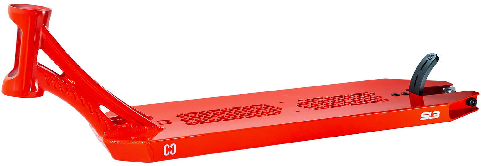 The CORE SL3 Forged Candy Red Stunt Scooter Deck – 6″ x 21″ by CORE features a vibrant candy red finish with distinctive cutout patterns, a sturdy headtube, and a sleek black brake at the rear, combining performance with standout style.