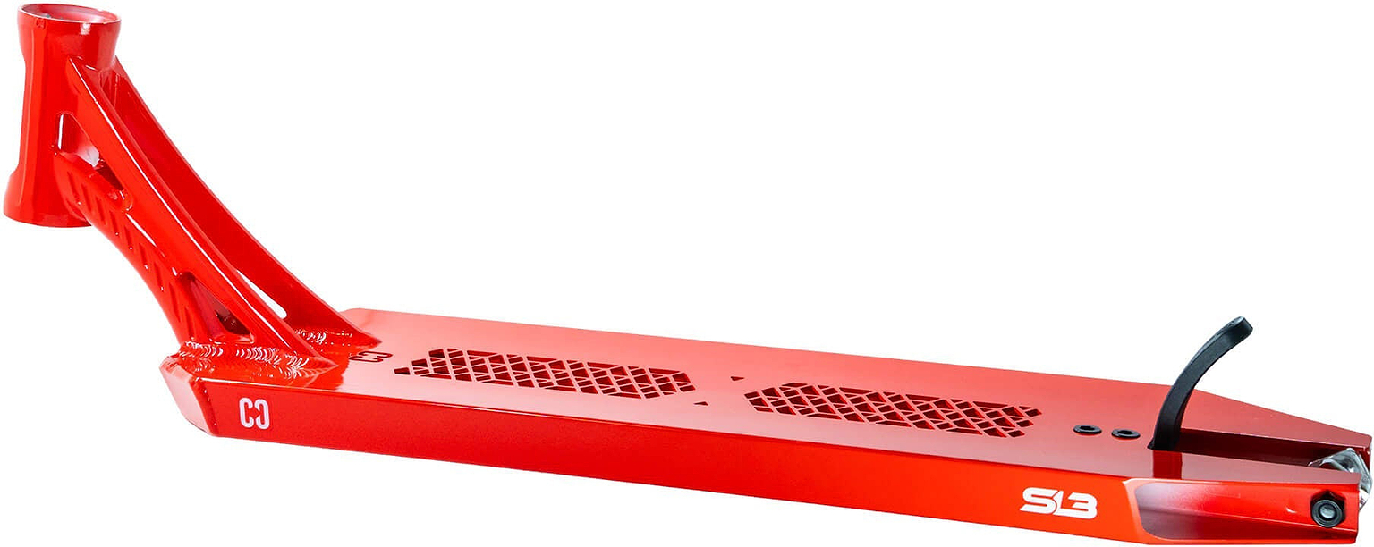 Introducing the CORE SL3 Forged Candy Red Stunt Scooter Deck by CORE—a 6″ x 21″ deck featuring a vibrant candy red finish, black brake, vented grip cutouts, and bold “S3” text along the side. Inspired by modern design, this deck comes equipped with an angled headtube for enhanced style and performance.