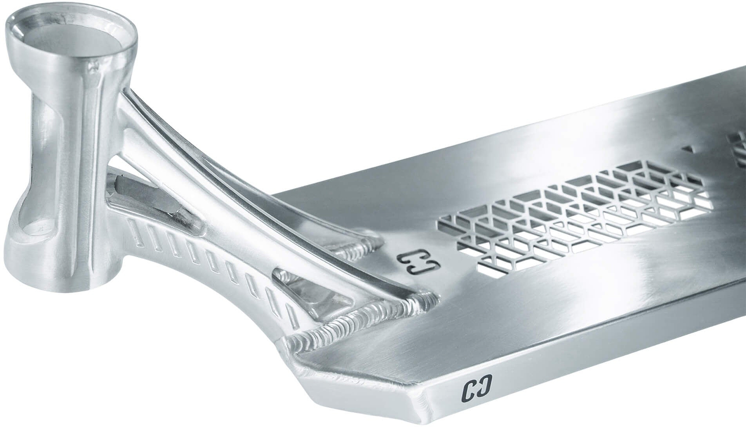 Close-up of the CORE SL3 Forged Polished Stunt Scooter Deck (6″ x 21″) by CORE, featuring geometric cutouts, a robust head tube, and reinforced supports.