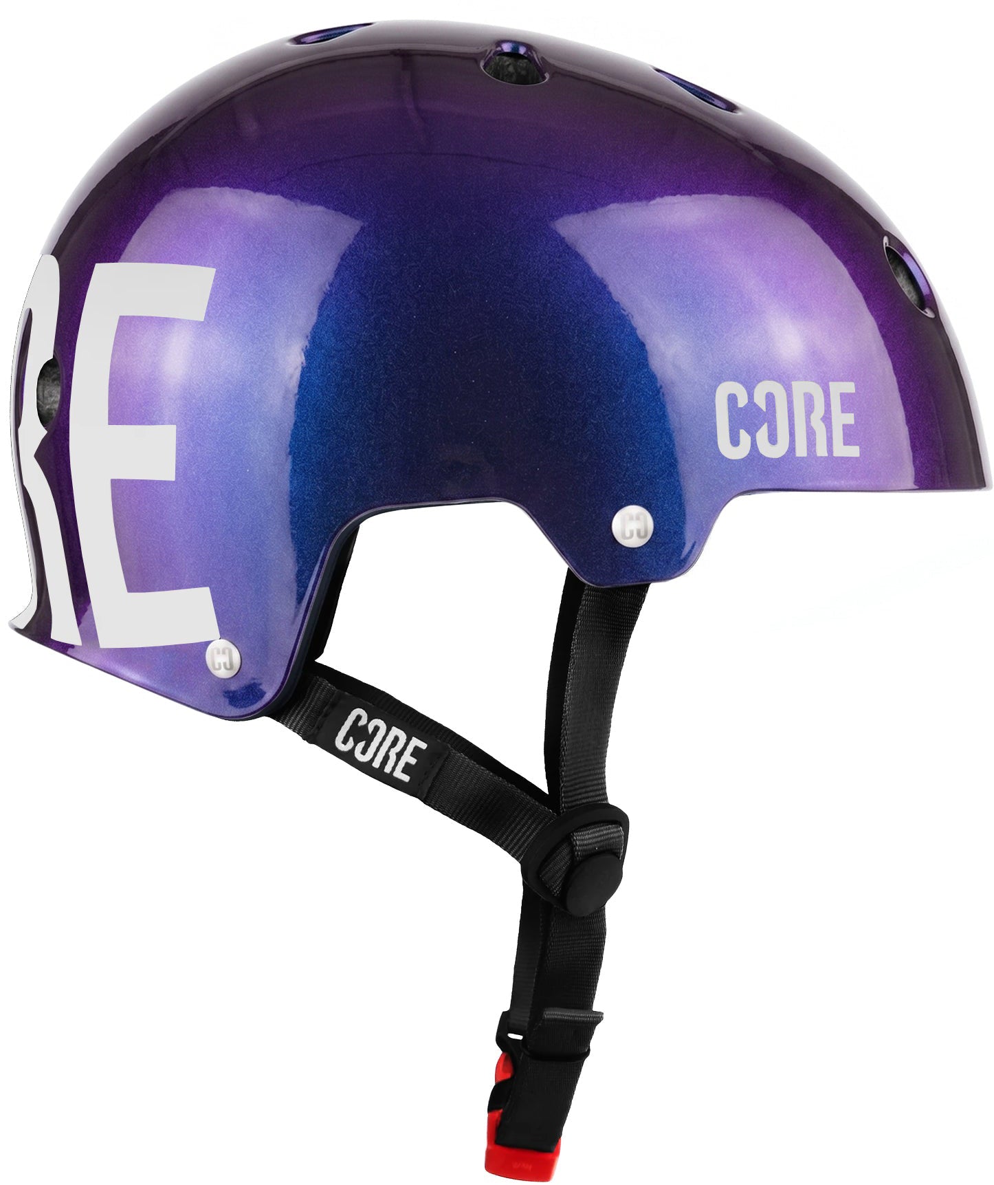 A glossy neo purple CORE Street Skate / Scooter Helmet by CORE, featuring Lux Pads, a black adjustable strap, and white logo text on the side and front, is the perfect choice for skating.