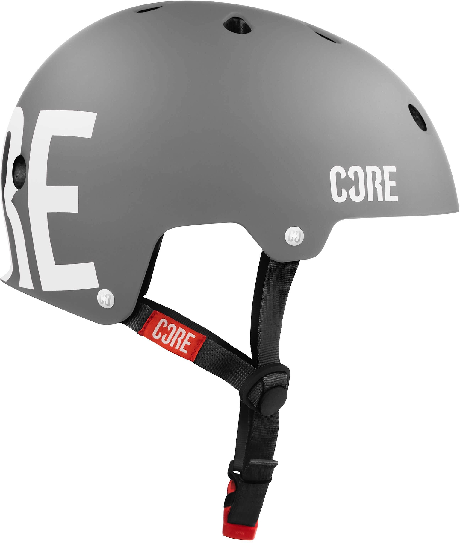 The CORE Street Skate / Scooter Helmet - Grey by CORE is engineered for an exceptional fit and showcases ventilation holes, sleek adjustable black straps, and vivid red accents. “CORE” is boldly printed in white on both the side and chin strap of this premium skate helmet.