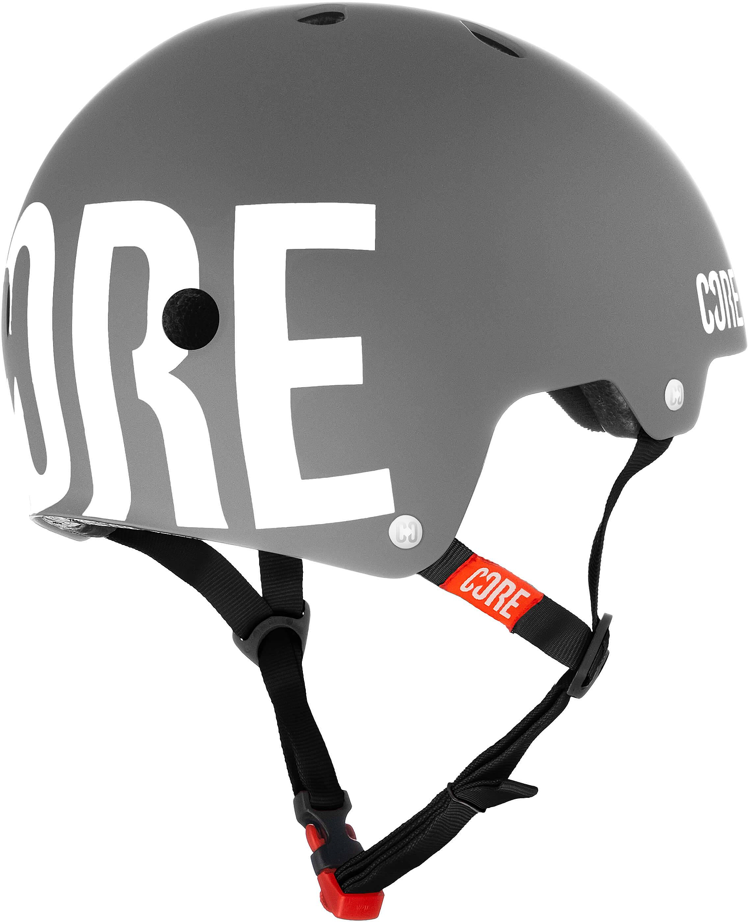 Introducing the CORE Street Skate / Scooter Helmet - Grey by CORE, featuring a matte gray finish with bold white “CORE” lettering, black adjustable straps, and a striking red buckle—shown from a side angle, it’s perfect for riders seeking an exceptional fit or a dependable helmet for skate or everyday scooter use.