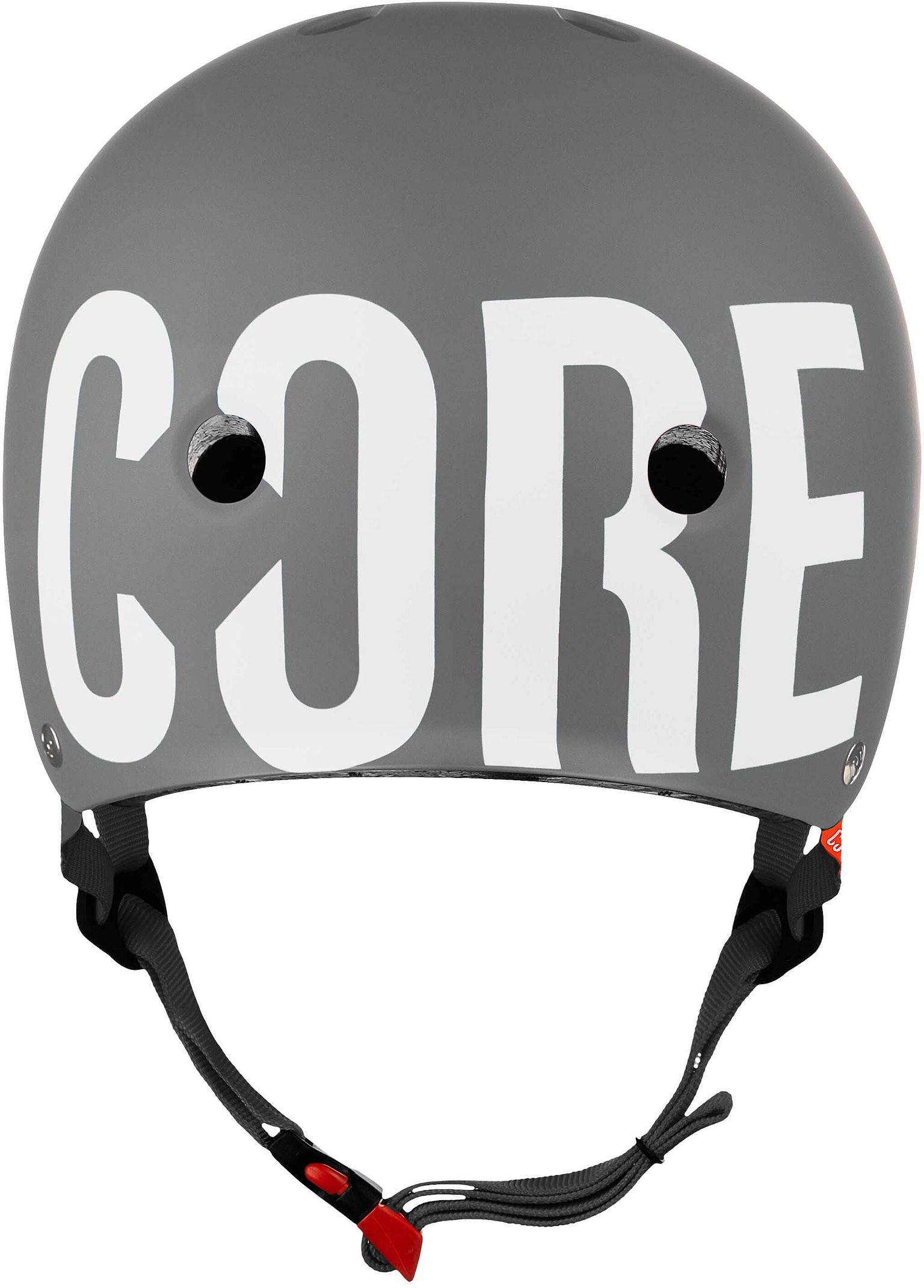 The CORE Street Skate / Scooter Helmet - Grey by CORE features large white “CORE” lettering on the front, two circular vents, and an adjustable black chin strap with red accents—designed for optimal fit, style, and protection as a premium skate helmet.