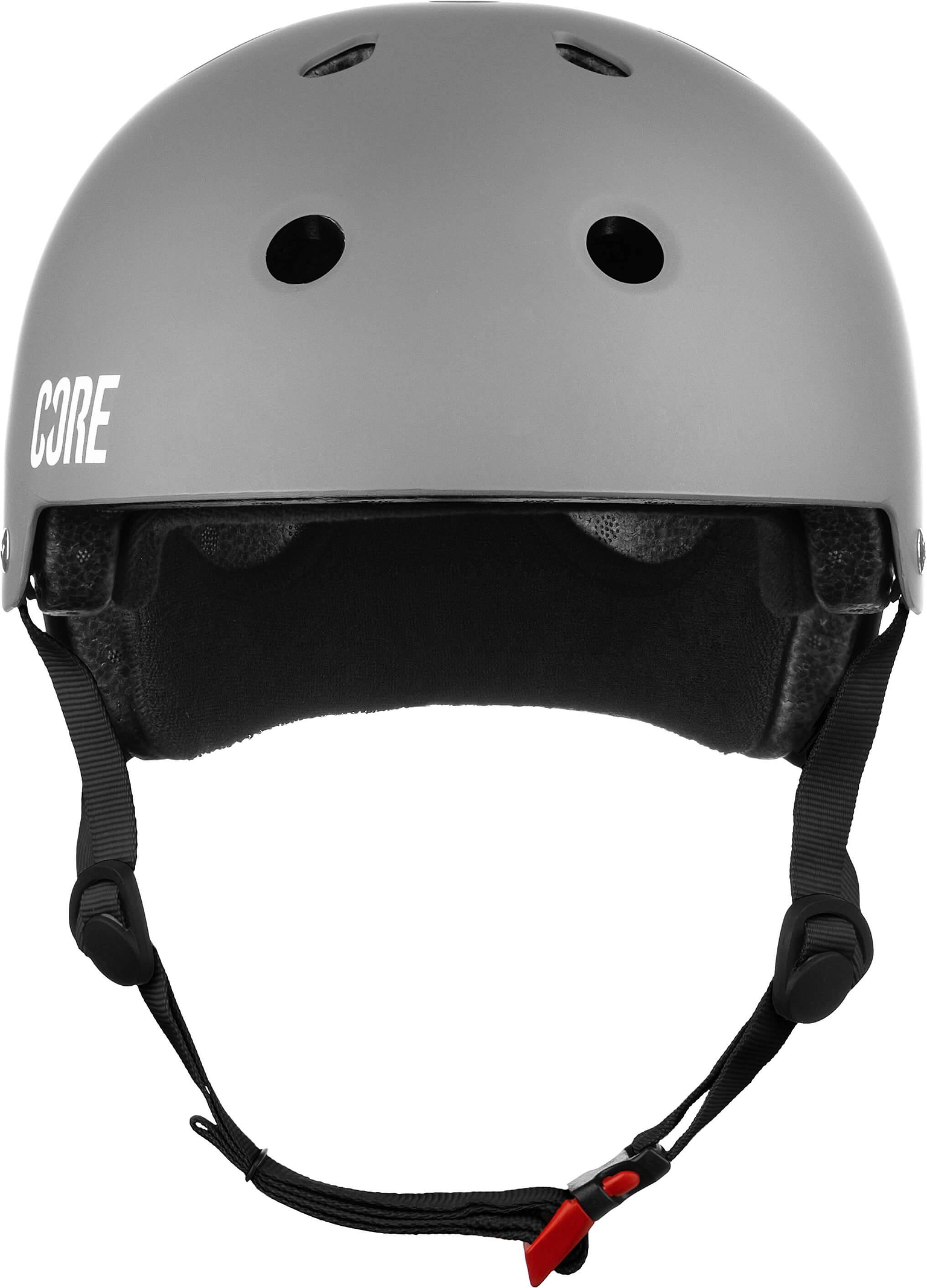 The CORE Street Skate / Scooter Helmet - Grey by CORE is shown from the front against a white background, featuring a gray exterior, black interior padding, ventilation holes, adjustable black straps, and a red buckle—engineered to provide the best fit for any skate enthusiast.