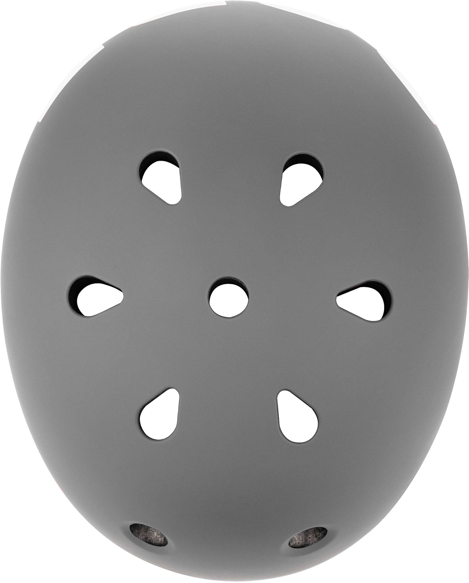 The CORE Street Skate / Scooter Helmet - Grey by CORE is shown from above, highlighting its six teardrop-shaped ventilation holes and a central small circular vent. This helmet features a smooth, matte outer surface and is designed for optimal comfort and protection with a best-fitting design.