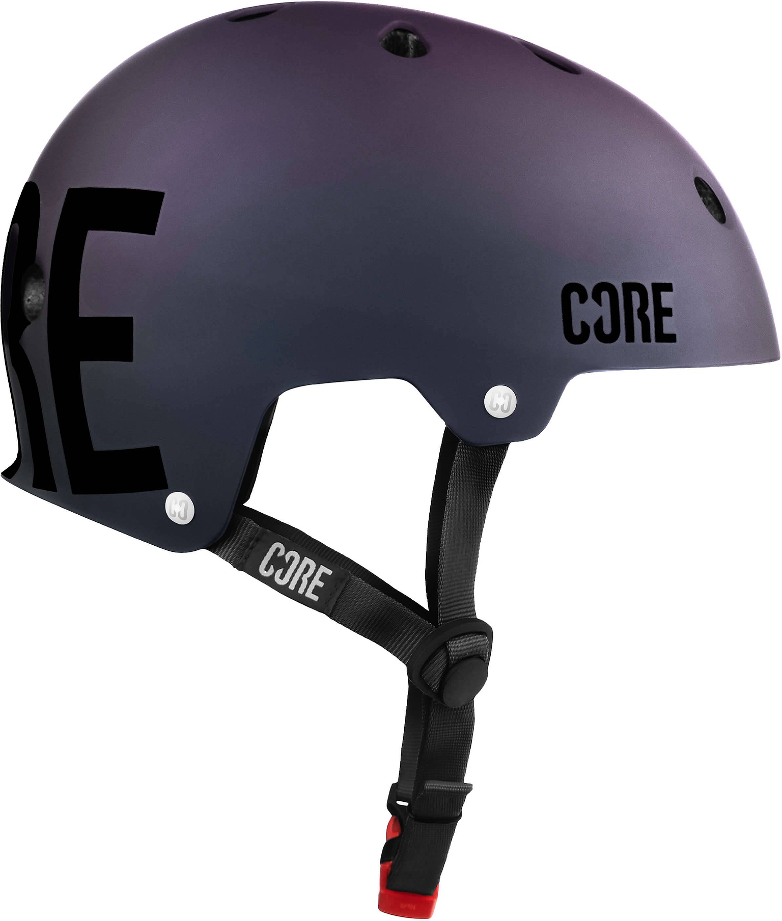 A CORE Street Skate / Scooter Helmet - Neo / Black by CORE, featuring a matte black and purple finish with ventilation holes, a black adjustable chin strap, and a red buckle.