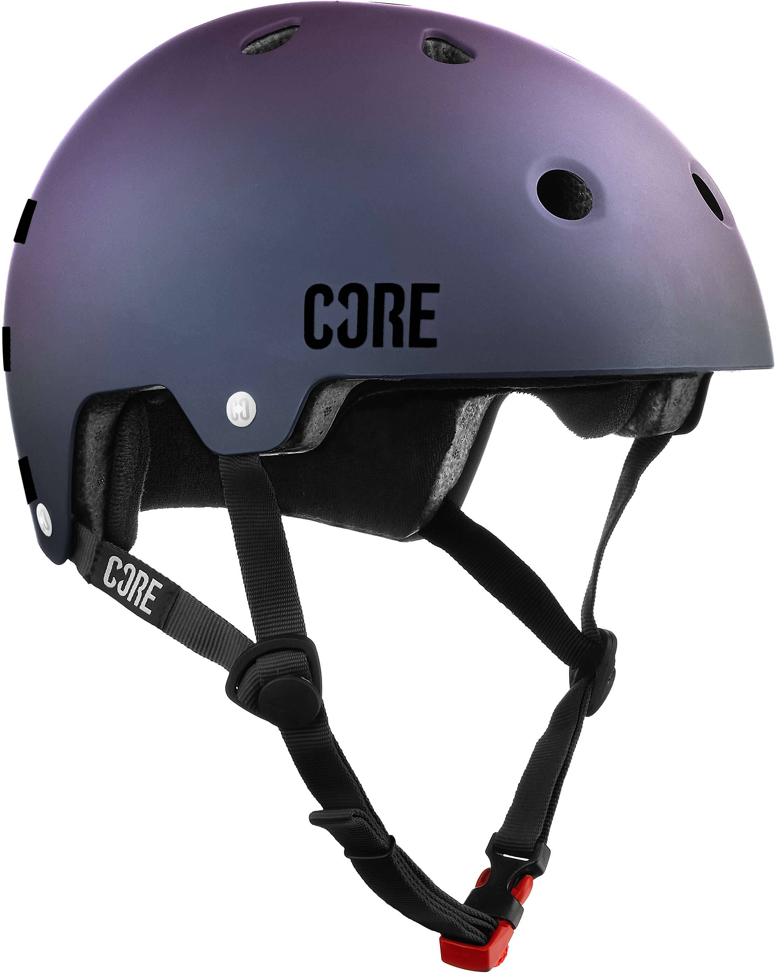 Introducing the CORE Street Skate / Scooter Helmet - Neo / Black by CORE, featuring a matte black and purple gradient finish with ventilation holes, black straps, and a red buckle—ideal for skateboarding or biking.