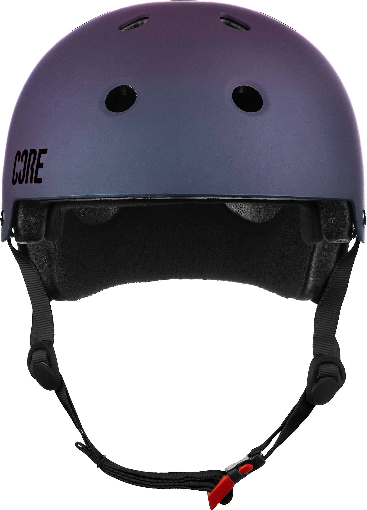 Introducing the CORE Street Skate / Scooter Helmet in Neo / Black—a striking helmet featuring a purple and blue gradient design with sleek black chin straps, ample ventilation holes, and the bold “CORE” logo displayed on the left side. Ideal for riders who rely on CORE to provide unbeatable style and superior protection.