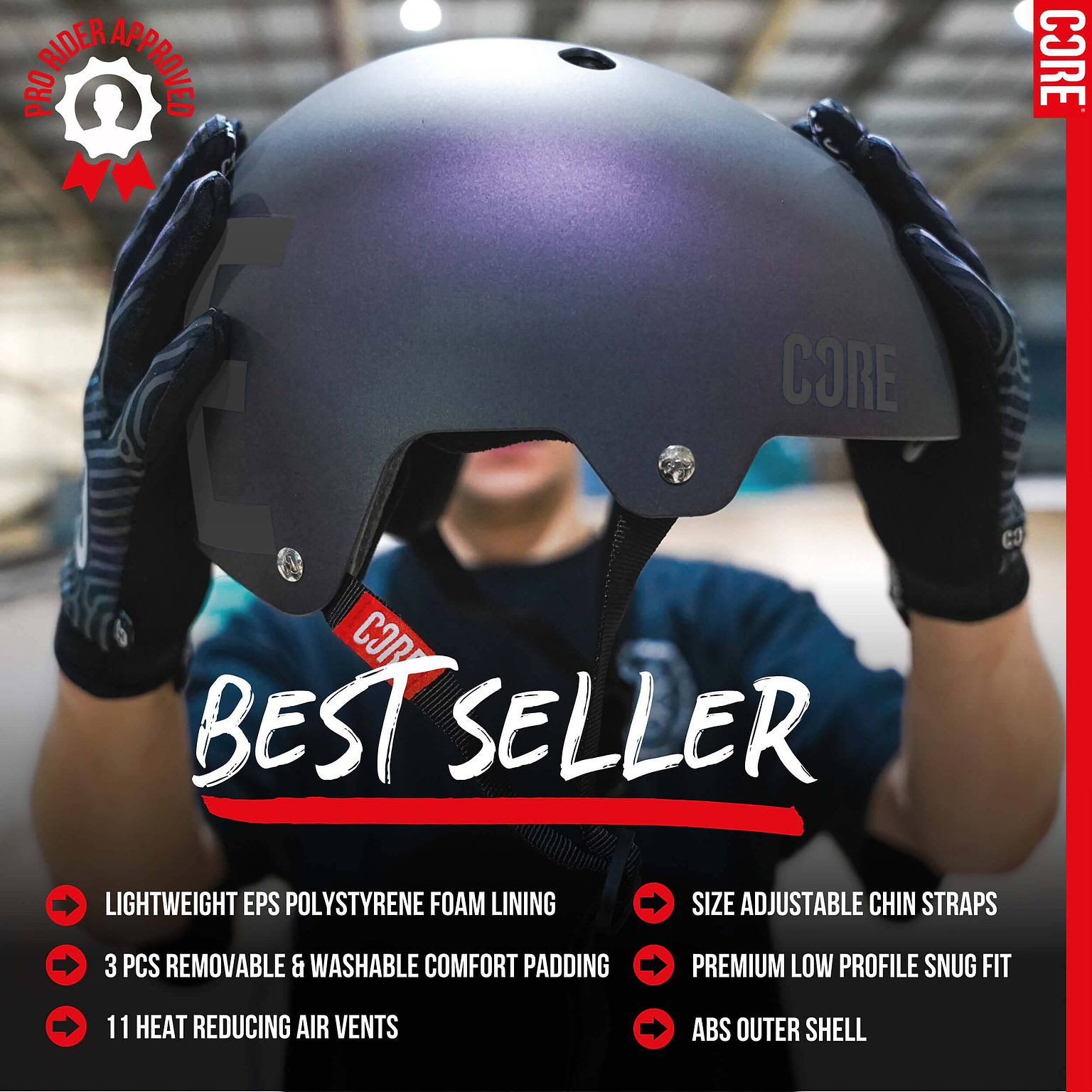 A person holds the CORE Street Skate / Scooter Helmet - Neo / Black by CORE while wearing gloves, showcasing its lightweight foam lining, adjustable straps, washable padding, air vents, and tough ABS shell. This versatile helmet offers riders premium protection and comfort for skateboarding or scootering. Text displays “BEST SELLER” with key product benefits featured below.