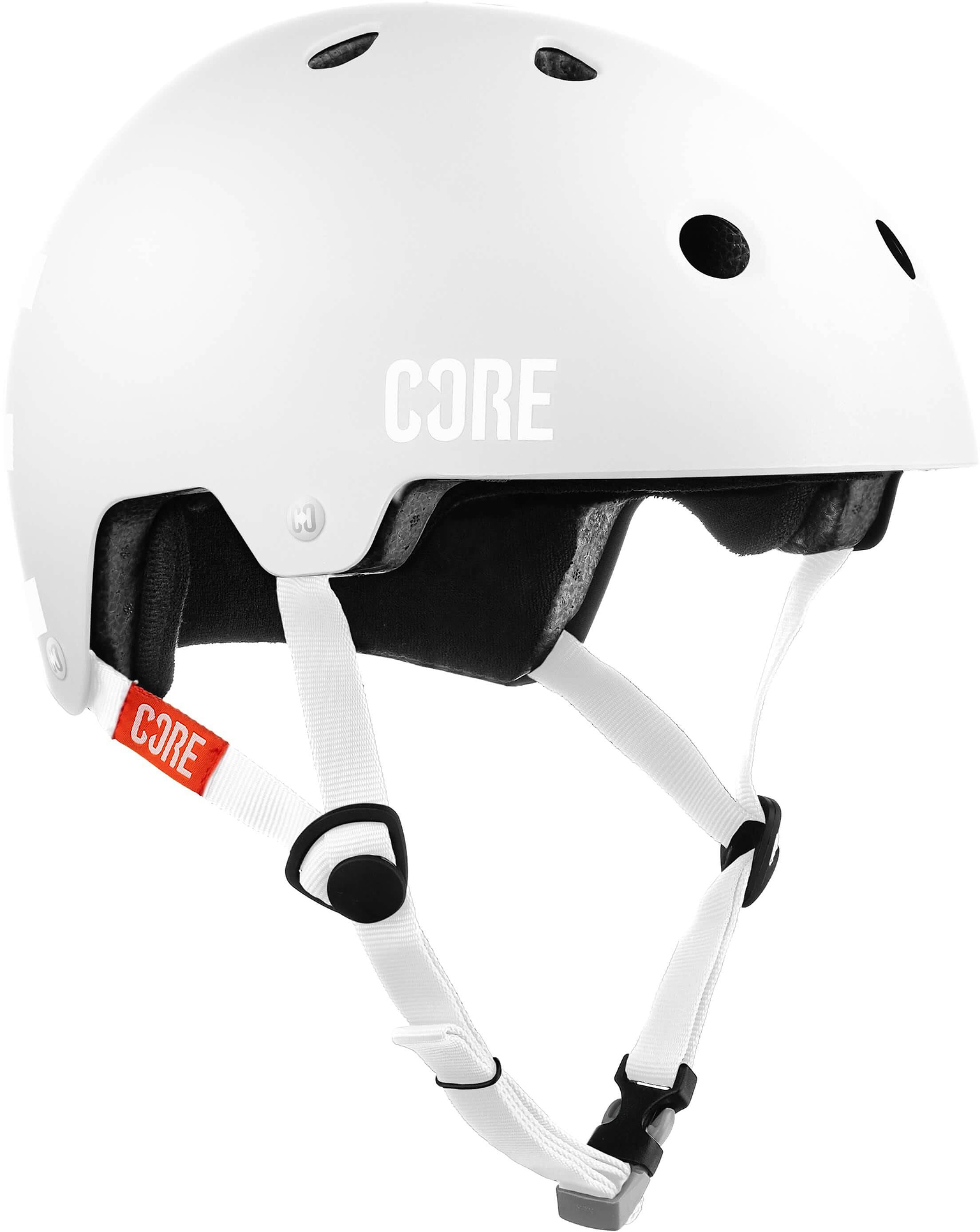 A grey CORE Street Skate / Scooter Helmet with ventilation holes, black interior padding, and an adjustable grey chin strap featuring a red CORE tag from CORE.