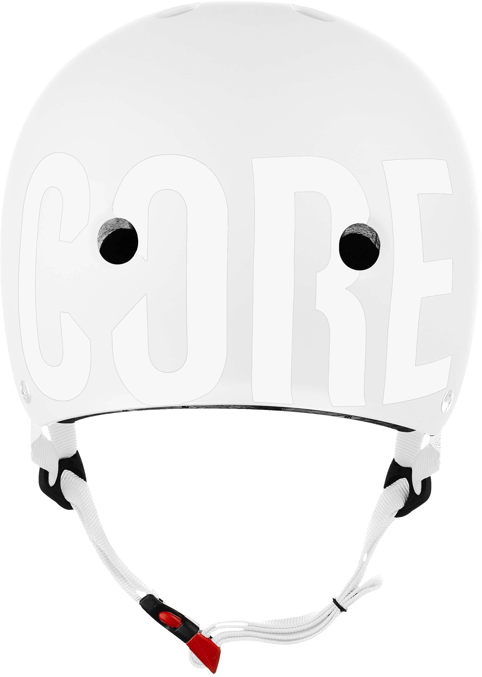 The CORE Street Skate / Scooter Helmet by CORE features a sleek grey design with large outlined “CORE” lettering on the front, dual ventilation holes, and a white adjustable chin strap with a red buckle—perfect for stylish protection whether you’re skating or scootering.