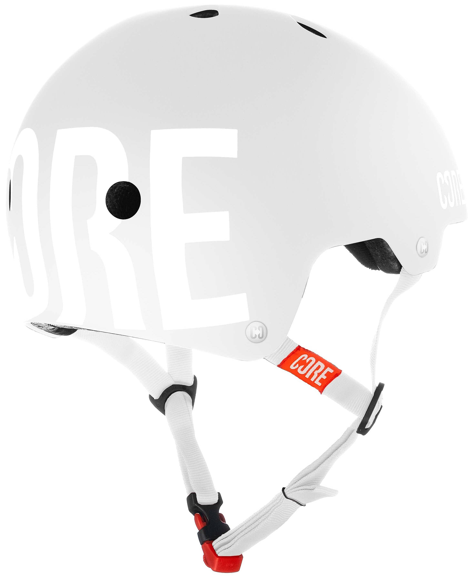 A grey CORE Street Skate/Scooter Helmet featuring large, bold CORE branding, black ventilation holes, and adjustable grey straps with a red buckle and label.