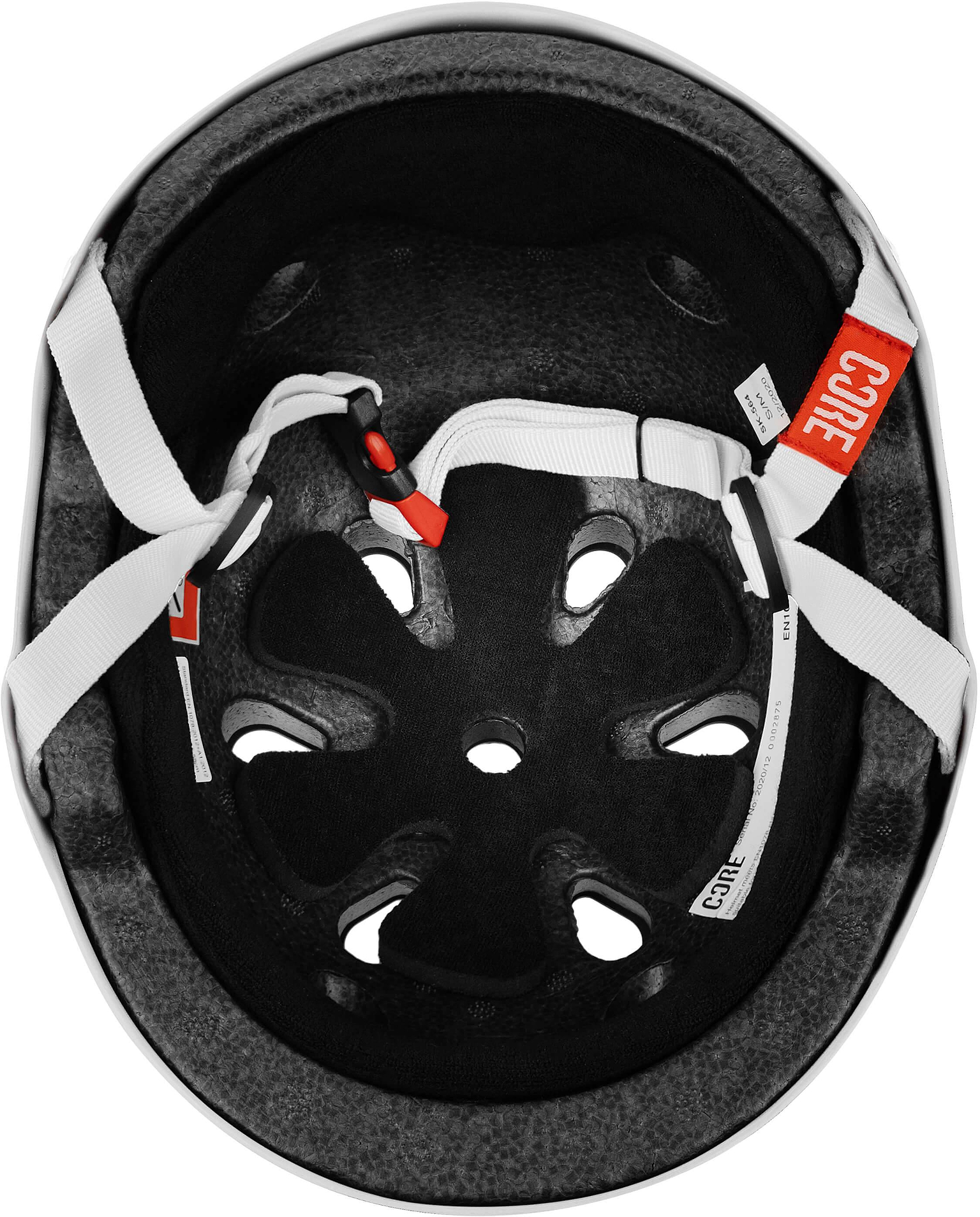 The image shows the inside view of the CORE Street Skate / Scooter Helmet - Grey by CORE, featuring white adjustable straps, a padded interior with ventilation holes, and a design similar to a quality skate helmet.