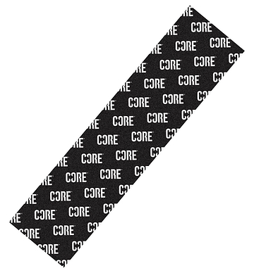 The CORE Classic Stunt Scooter Griptape in Logo Repeat Black features a long, rectangular strip with the words "CORE" and "RIDE CORE" printed in white text, creating a striking pattern ideal for customizing your stunt scooter.