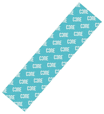 Introducing the CORE Classic Stunt Scooter Griptape in a striking teal shade, featuring the "CORE" logo printed repeatedly in white. This griptape offers a sleek design perfect for personalizing your Stunt Scooter with the distinctive style of CORE Classic Griptapes.