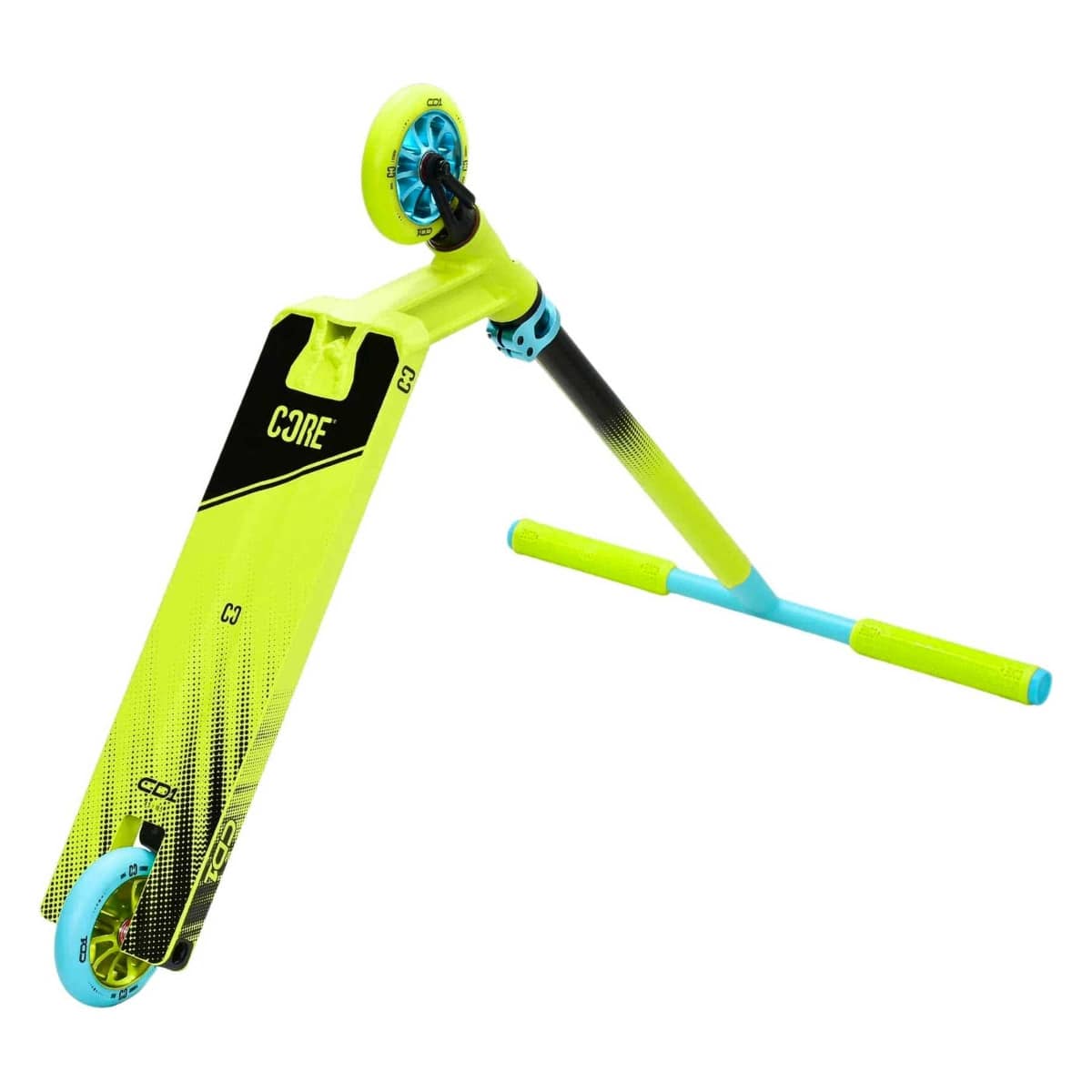 The CORE CD1 Complete Stunt Scooter in Lime and Teal is shown tilted on its side, featuring a sturdy aluminum deck perfect for beginner riders. The deck boasts a gradient design leading to the handlebar, while the wheels and teal grips on the handlebars enhance its cohesive appearance.
