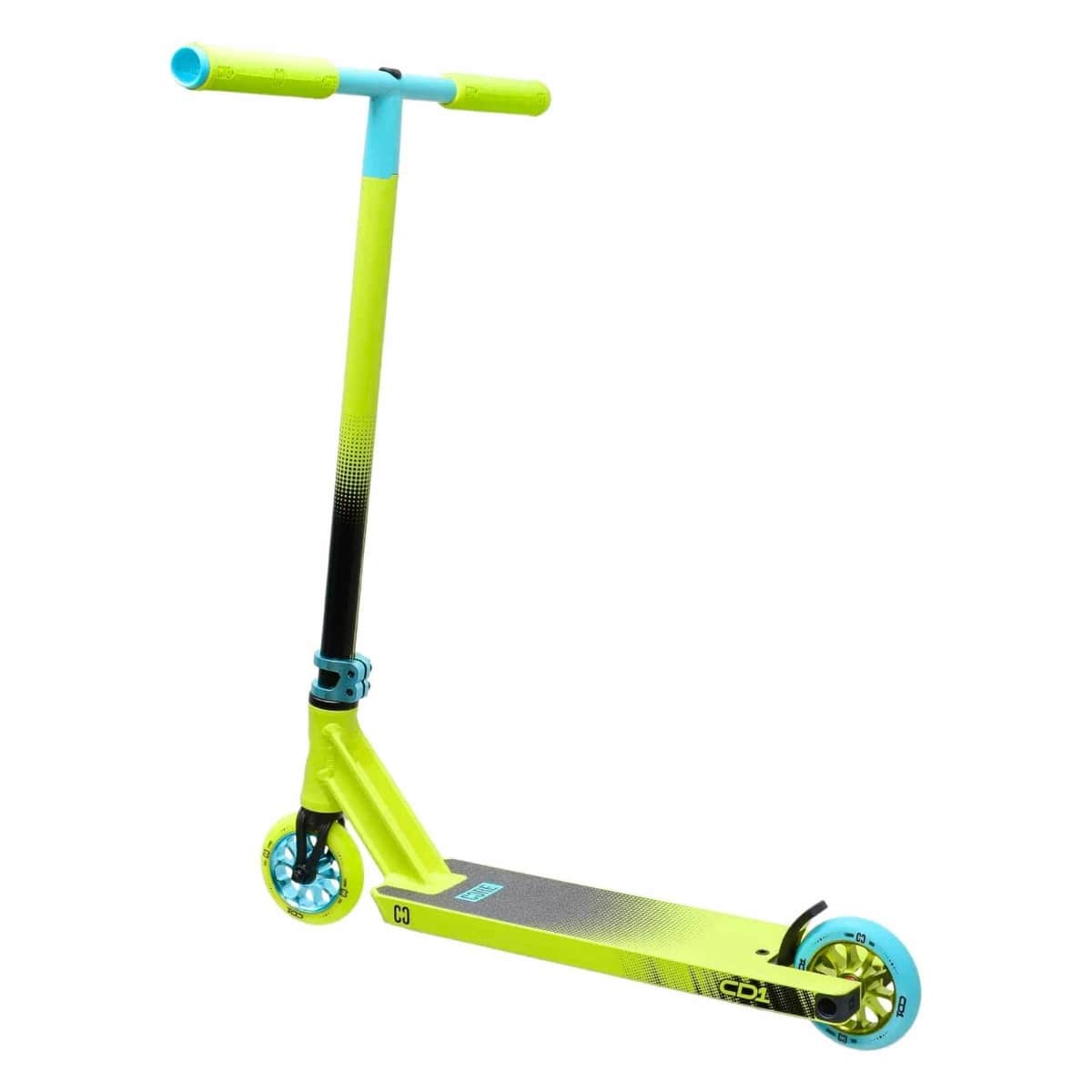 Introducing the CORE CD1 Complete Stunt Scooter in Lime and Teal by CORE. This scooter showcases a vivid gradient design transitioning from yellow to blue. It features a T-bar handle, two wheels, and a black aluminum deck adorned with logo markings, making it an excellent choice for beginner riders aiming to master tricks and stunts.