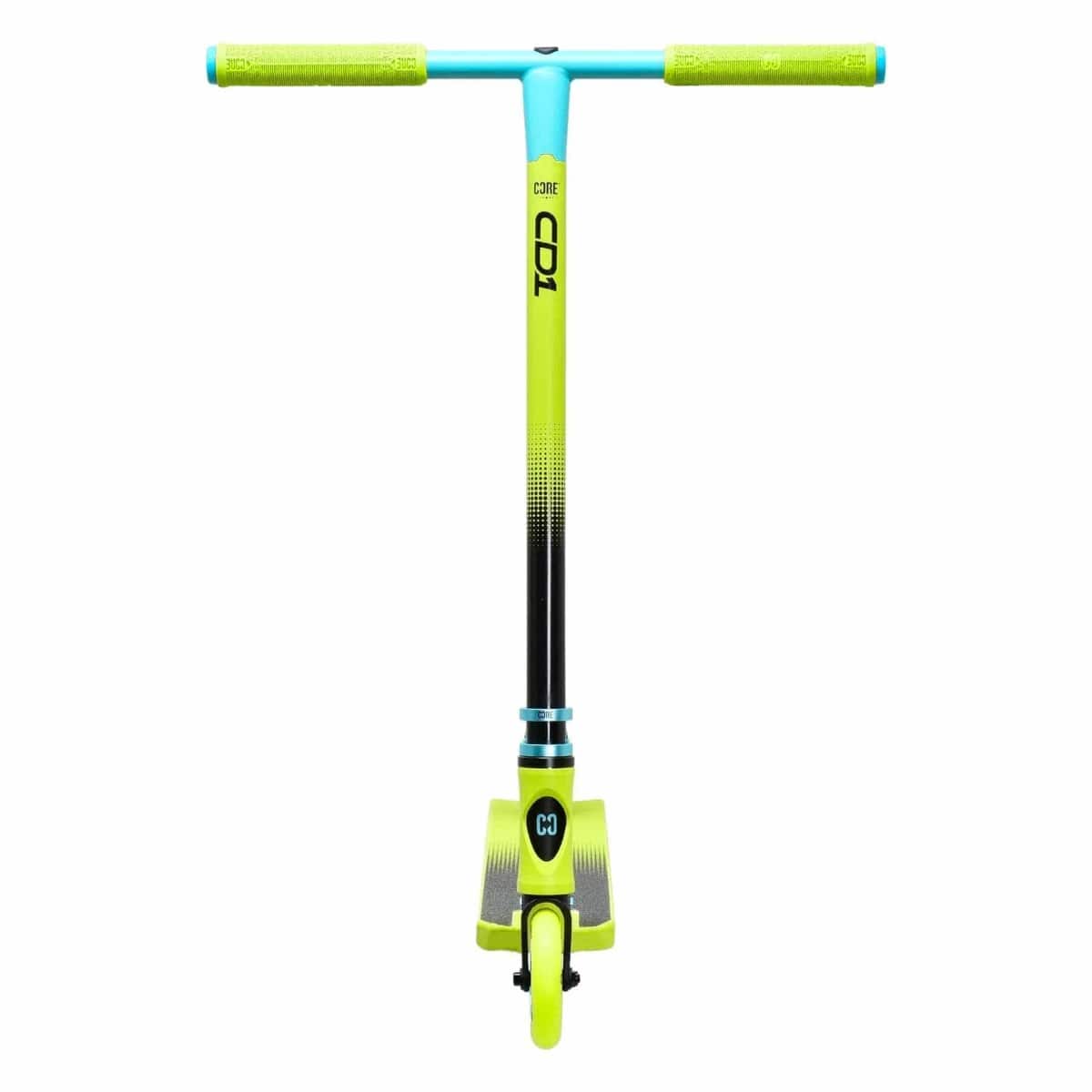 The CORE CD1 Complete Stunt Scooter - Lime / Teal is a vibrant product with a handlebar and grips in a blue and green gradient. It has a predominantly black deck with green accents, made from lightweight aluminum for durability. Designed with a sleek and modern appearance, it features one front wheel, making it ideal for beginner riders.