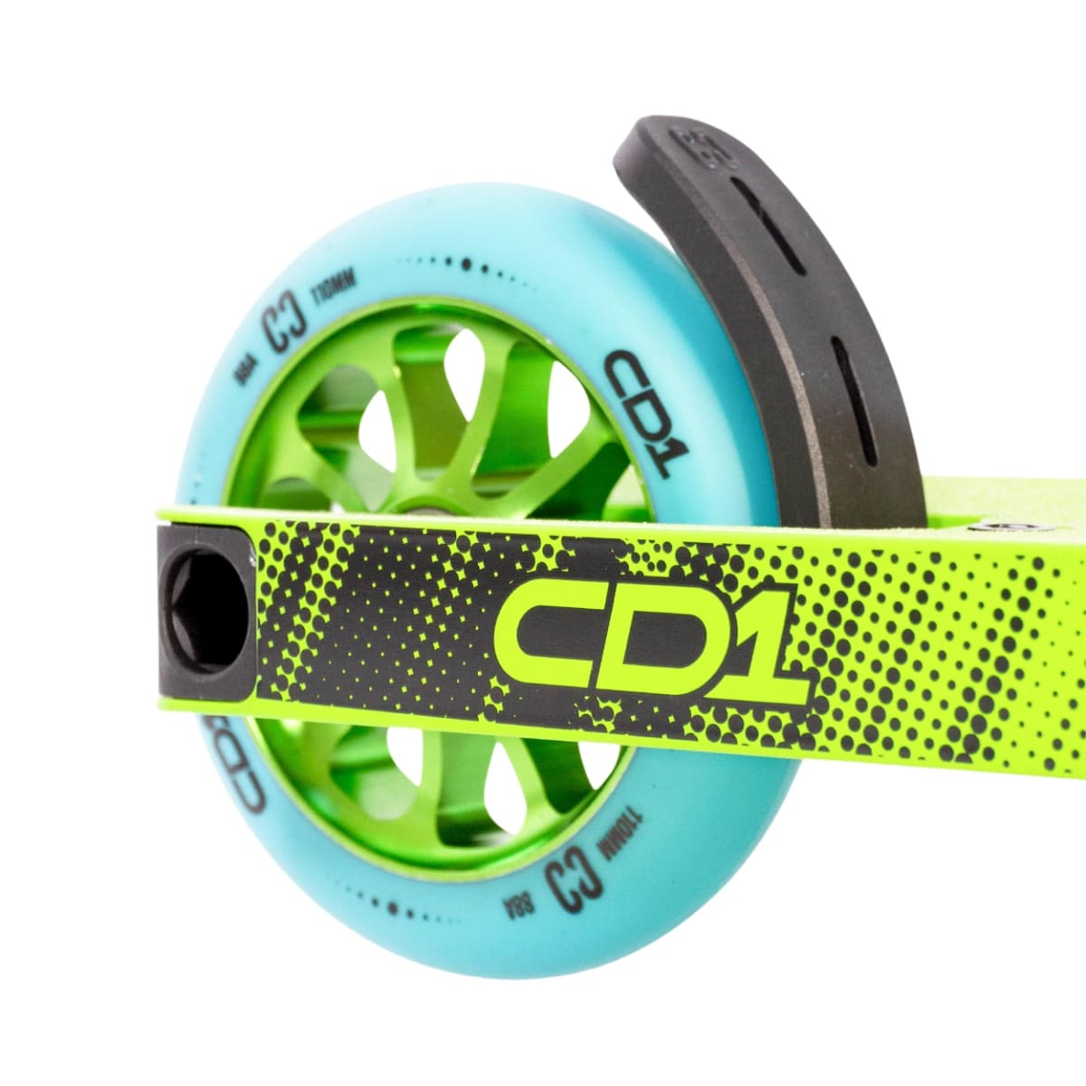 Close-up of the CORE CD1 Complete Stunt Scooter's rear wheel, featuring a vibrant blue tire and a striking lime frame with "CD1" in bold black lettering. The wheel hub and brake are prominently displayed, giving off a modern, sporty vibe. Perfect for beginner riders, its sleek aluminum deck from the CORE brand enhances both performance and style.