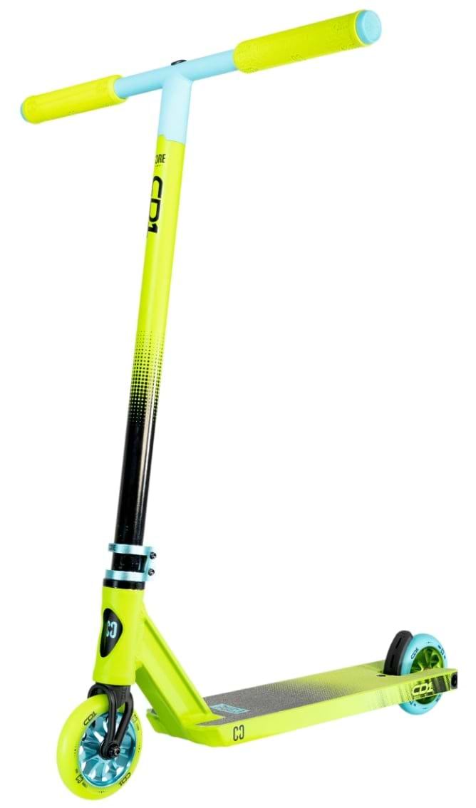 Introducing the CORE CD1 Complete Stunt Scooter by CORE in a striking lime and teal color scheme, ideal for beginner riders. This scooter features a T-shaped handlebar with blue grips, a black gradient stem, teal wheels, and a textured aluminum deck. Its design is sleek and modern, ensuring both style and performance.