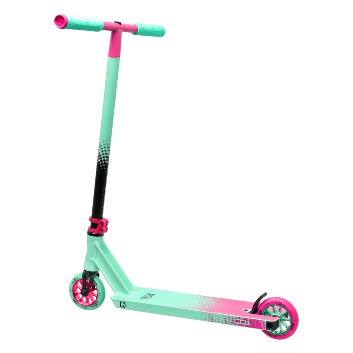 Introducing the CORE CD1 Complete Stunt Scooter by CORE, featuring a stunning teal and pink two-tone gradient design. Perfect for beginner riders, it includes an eco-friendly pink handlebar, a sturdy frame, and matching wheels complemented by a black rear brake.