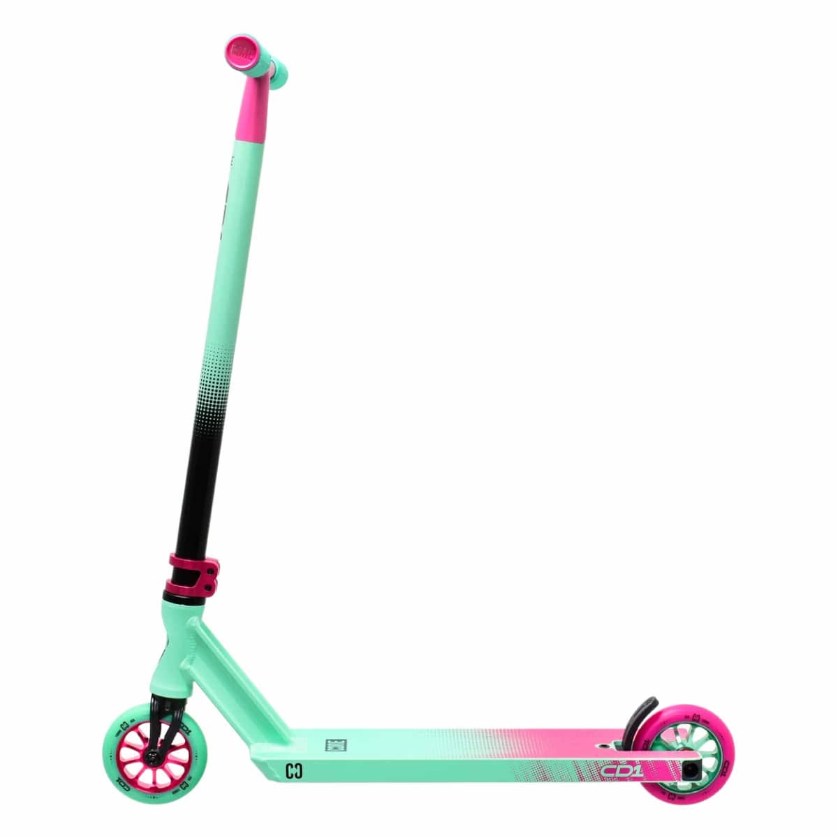 Introducing the CORE CD1 Complete Stunt Scooter by CORE, a vibrant ride with a stunning gradient design that combines teal and pink shades. This modern and sporty scooter features an eco-friendly handlebar with pink grips, two wheels, and a sleek deck. It seamlessly merges pink and teal hues, making it ideal for beginner riders eager to explore tricks.
