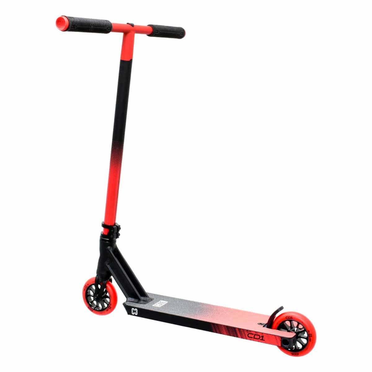 The CORE CD1 Complete Stunt Scooter in red and black features a durable aluminum deck with the iconic "CD1" label. Ideal for beginner riders, it boasts black handlebars and red wheels, expertly crafted for freestyle tricks and urban riding.