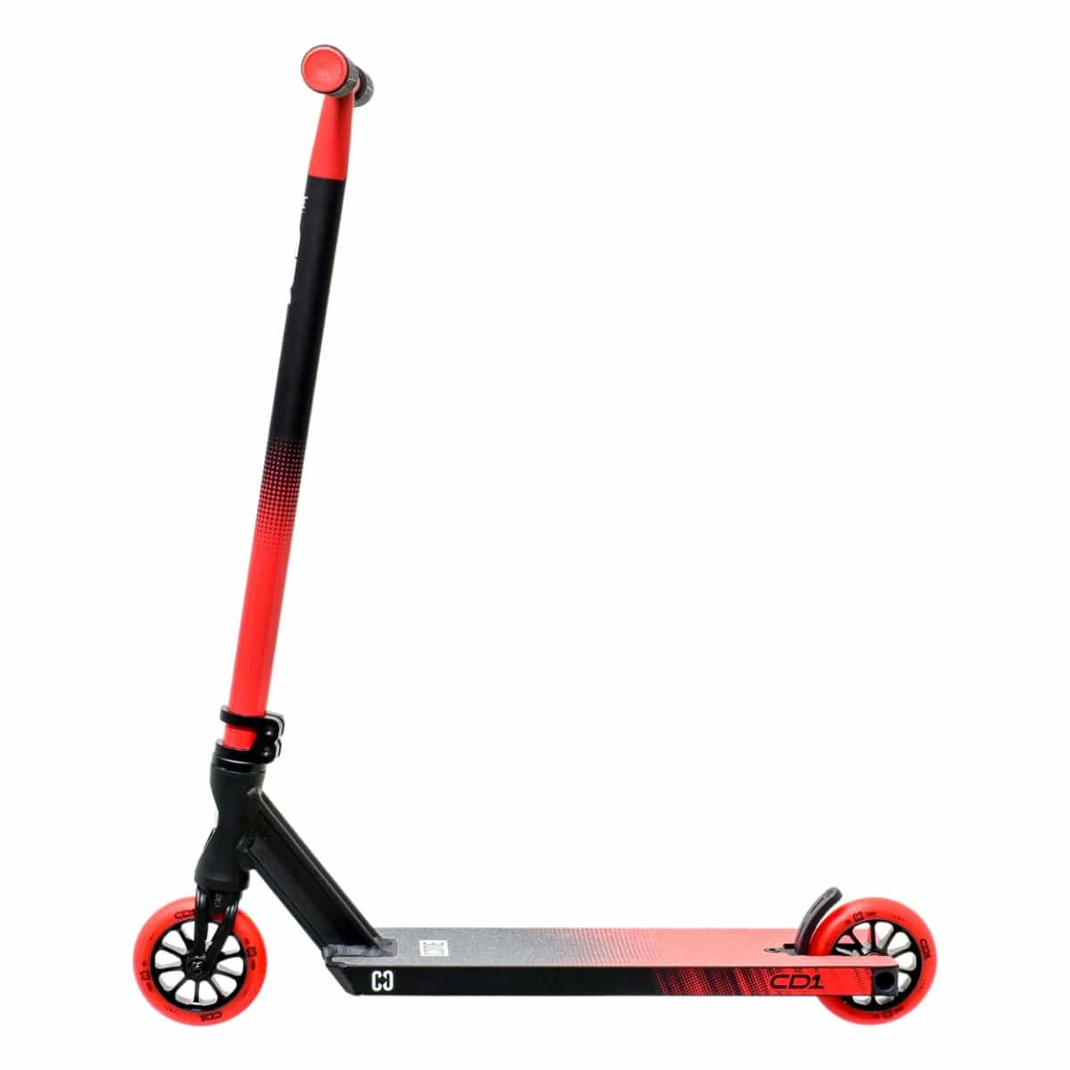 Presenting the CORE CD1 Complete Stunt Scooter in a striking red and black color scheme, designed by CORE for beginner riders. It features an aluminum deck and handlebars that elegantly transition from red to black, complemented by vibrant red wheels. Showcasing its robust frame, this dynamic two-wheel design is perfect for those new to stunt scootering.
